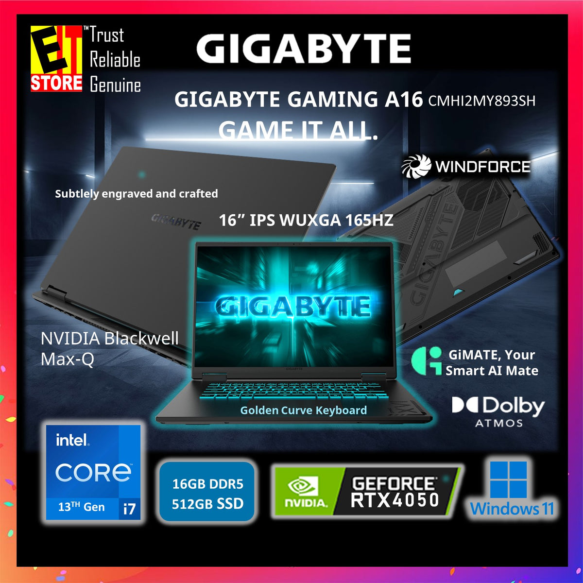 Gigabyte Gaming A16 CMHI2-MY893SH (i7-13620H/16GB DDR5 /512GB SSD/16" IPS WUXGA 165HZ/ NVIDIA RTX4050 6GB GDDR6/ GiMATE AI  /W11/ BAG/ 2Y) Gaming Laptop