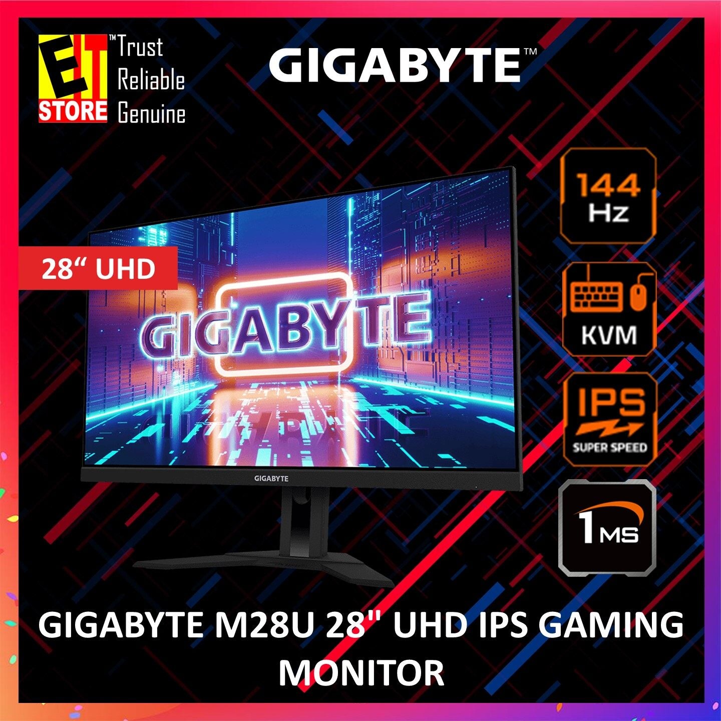 GIGABYTE M28U 28" UHD 4K IPS GAMING MONITOR (1MS GTG/144HZ REFRESH RATE/KVM BUILT-IN/HDMI/BUILT-IN SPEAKER)3YEARS WARRANTY