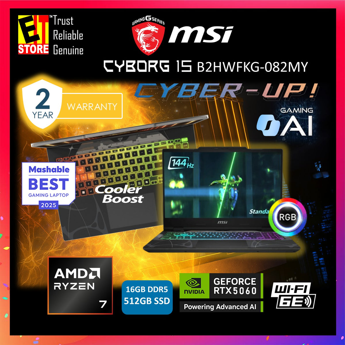 MSI LAPTOP CYBORG A15 AI (RYZEN 7 260 AI/16GB OR 32GB/512GB SSD/15.6" FHD IPS 144HZ/8GB NVIDIA RTX5060/4-ZONE RGB KEYBOARD/W11/BAG/2YRS) B2HWFKG-082MY