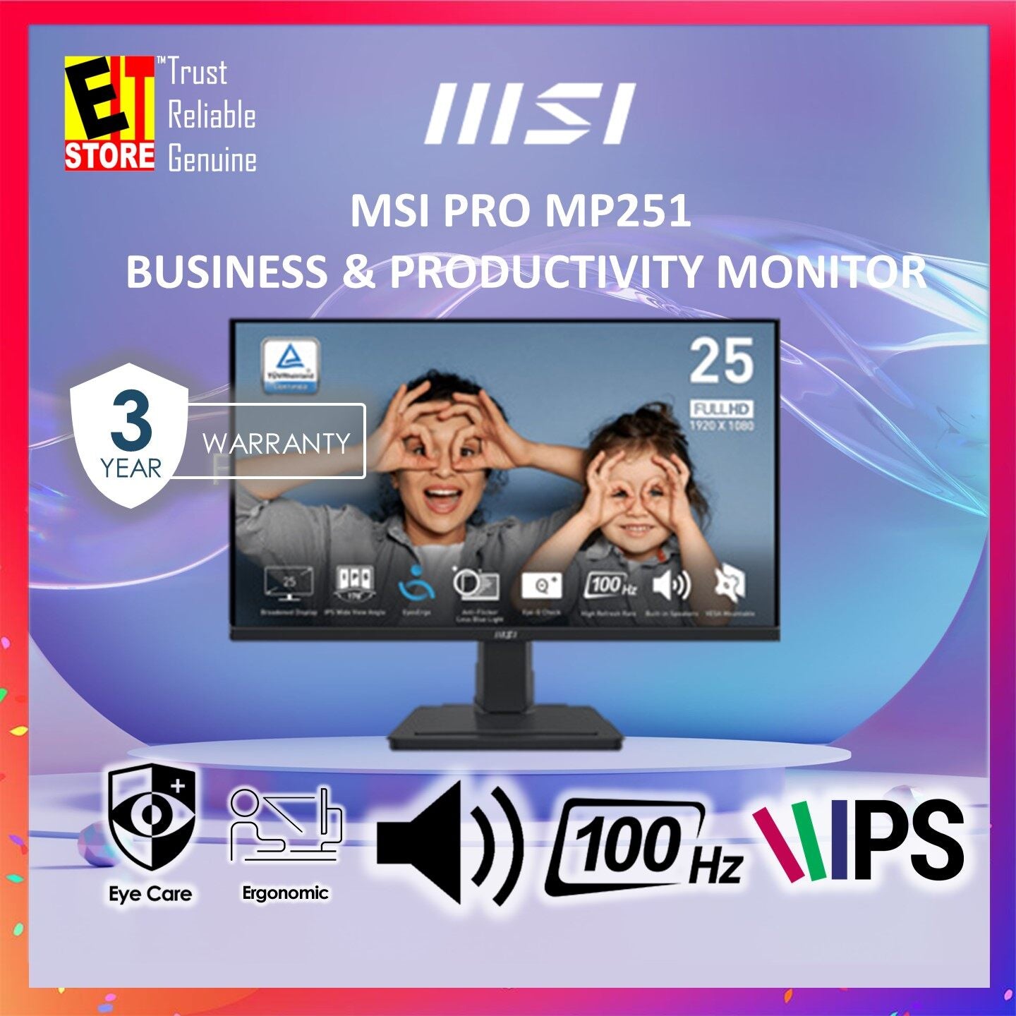 MSI PRO MP251 24.5" / MP275A 27 IPS PANEL FHD/1MS/100HZ REFRESH RATE/ BUILT-IN SPEAKER/ ERE CARE FLIKER FREE/AMD FREE SYNC/3YRS WARRANTY