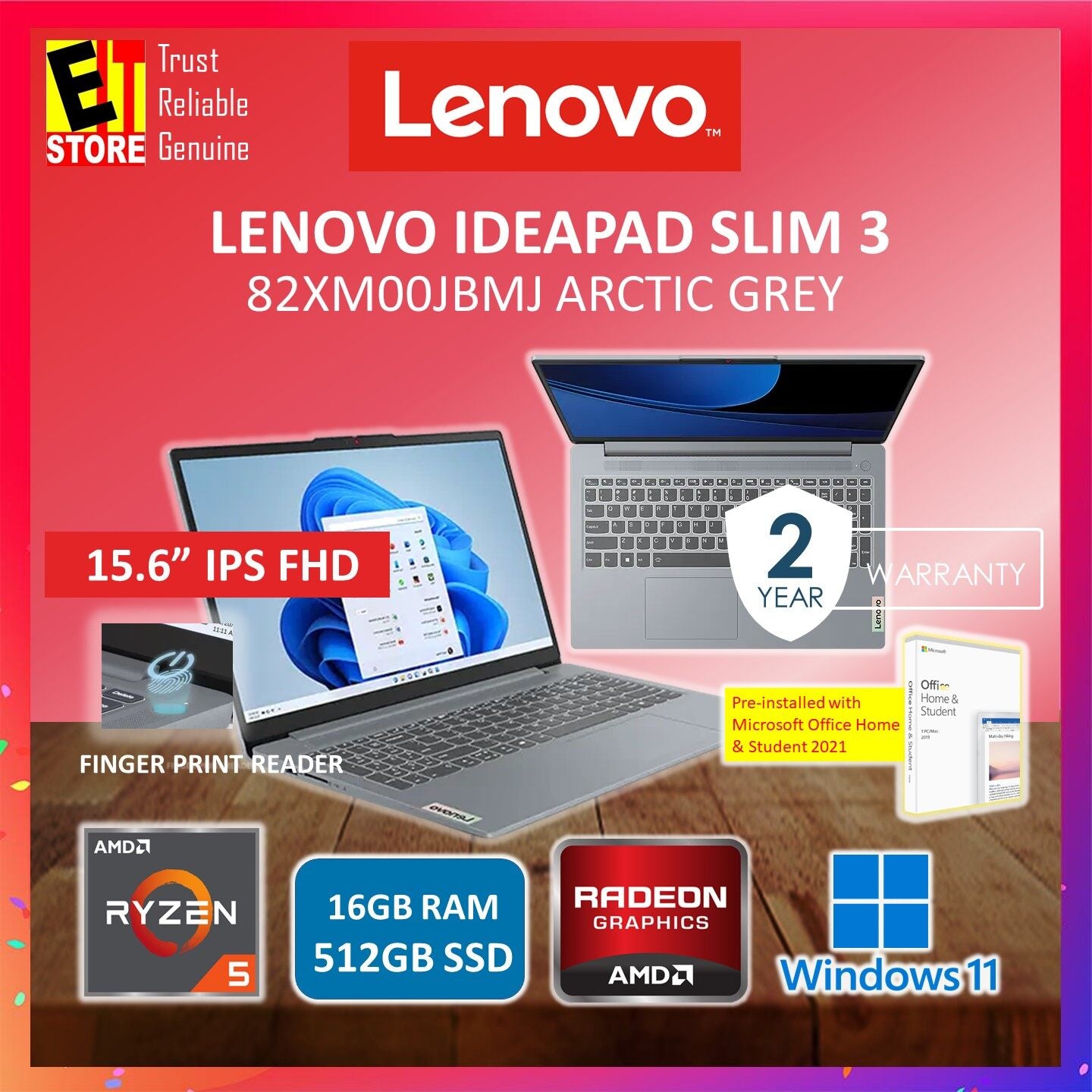 Lenovo Laptop IdeaPad SLIM 3 IPS3 (RYZEN 5 7430UU /16GB RAM / 512GB SSD/ RADEON GRAPHICS/ 15.6" IPS FHD / OFF H&S 2021/ FINGER PRINT SENSOR /W11/BAG/2YR) 82XM00JBMJ /82XM00JCMJ