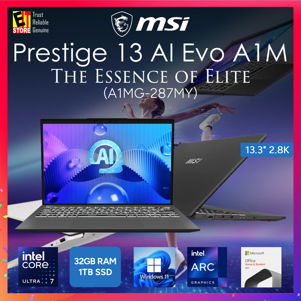 MSI Prestige 13 AI Evo A1MG-287MY (Ultra 7 155H/32GB/1TB SSD/Intel Arc Graphics/13.3" 2.8K OLED/OFFICE HOME & STUDENT ESD/W11/BAG/ 2Y) Laptop