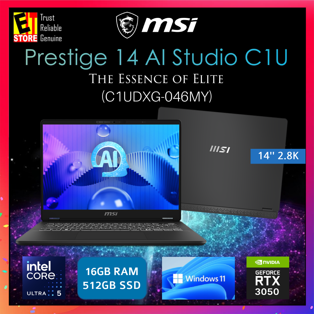 MSI Prestige 14 AI Studio C1UDXG-046MY (Intel Core Ultra 5 125H/16GB/512GB SSD/NVIDIA RTX 3050 6GB/14" 2.8K DISPLAY /1.7KG WEIGHT /W11/3Y) Laptop