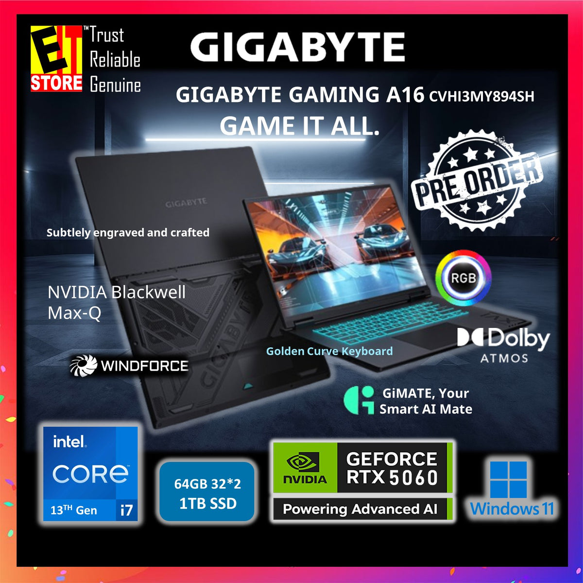 Gigabyte Gaming A16 AI Laptop (i7-13620H/16GB DDR5 /1TB SSD/16" IPS WUXGA 165HZ / NEW NVIDIA RTX5060 8GB GDDR7/RGB KEYBOARD/ GiMATE SMART AI/ W11/BAG/ 2Y) CVHI3-MY894SH