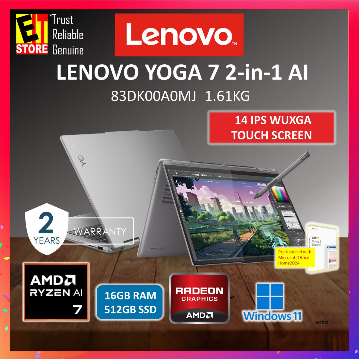 Lenovo Yoga 7 2-in-1 AI Laptop 83DK00A0MJ (Ryzen 7-8840HS/16GB/512GB SSD/AMD Radeon 780M/ 14" WUXGA IPS Touch Screen / DIGITAL PEN /Office Home 2024 /W11/Bag/2Y)