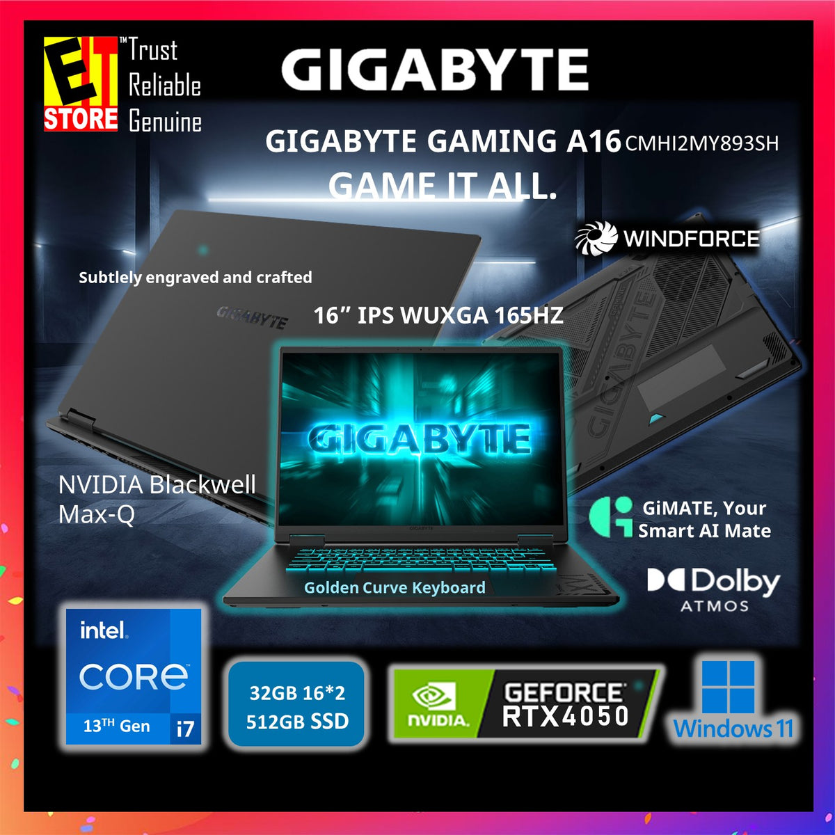 Gigabyte Gaming A16 CMHI2-MY893SH (i7-13620H/16GB DDR5 /512GB SSD/16" IPS WUXGA 165HZ/ NVIDIA RTX4050 6GB GDDR6/ GiMATE AI  /W11/ BAG/ 2Y) Gaming Laptop