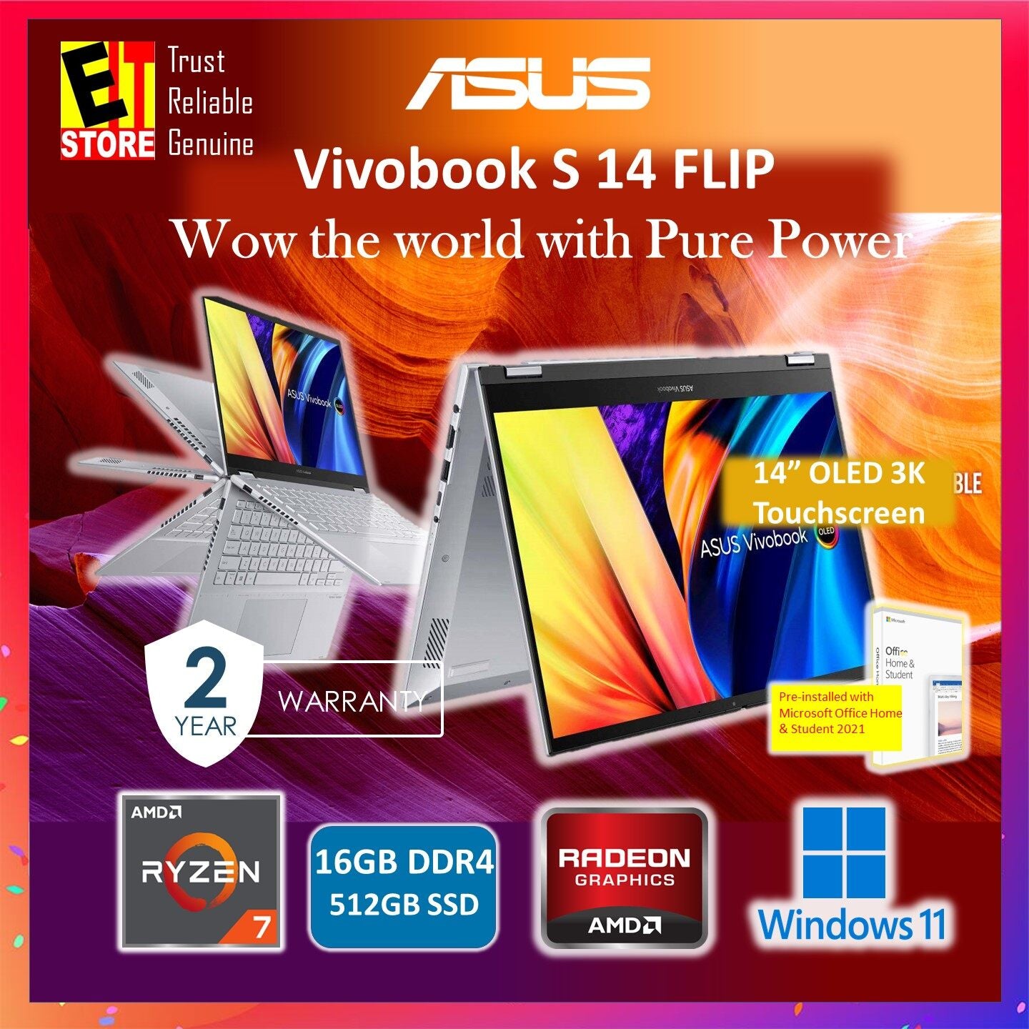 ASUS LAPTOP Vivobook S 14 Flip OLED (RYZEN 7-7730U/ 16GB /512GB SSD/14'' 3K OLED TOUSCHSCREEN FLIP /Radeon Graphics/OFF H&S 2021/W11/BAG/2Y) TN3402Y-AKN206WS