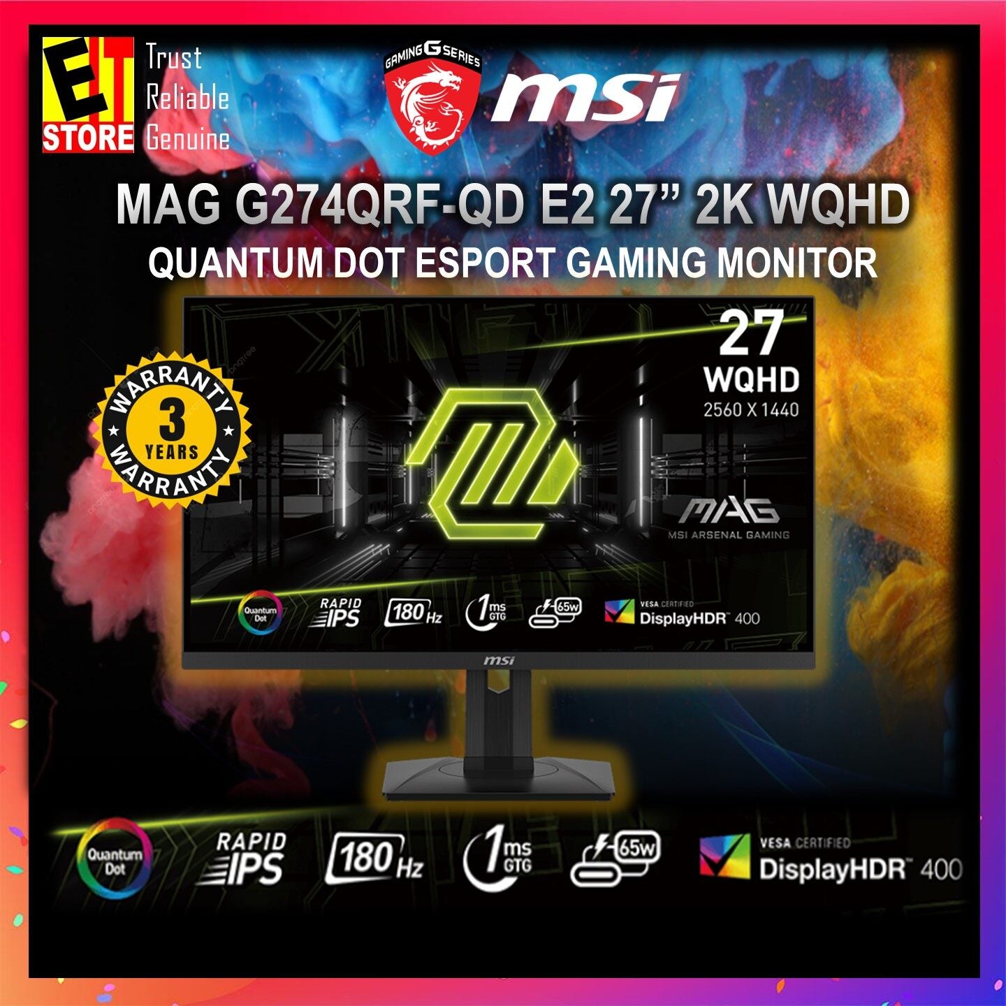 MSI MONITOR MAG G274QRF-QD E2 (27' RAPID IPS QUANTUM DOT 2K WQHD HDR400/180Hz/1MS/ADAPTIVE SYNC/KVM SWITCH/USB TYPE C/FLICKER FREE/3YRS ) Gaming Monitor