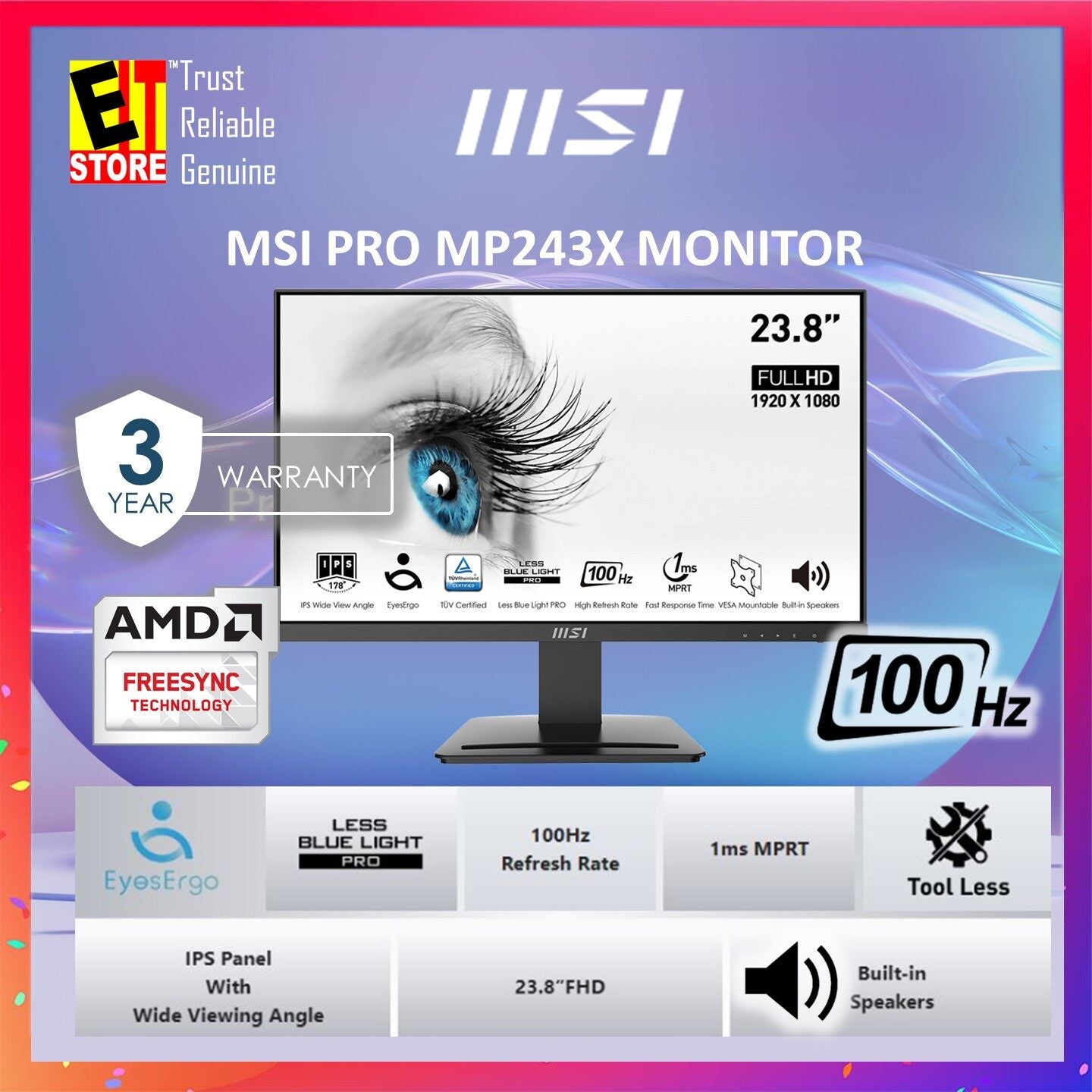 MSI MONITOR Pro MP243X Business Monitor 24" IPS FHD /100HZ REFRESH RATE /1ms MPRT RESPONSE TIME / HDMI + DP/ANTI FLICKER & LESS BLUE LIGHT TECHNOLOGY/AMD FREE SYNC/3YRS WRTY