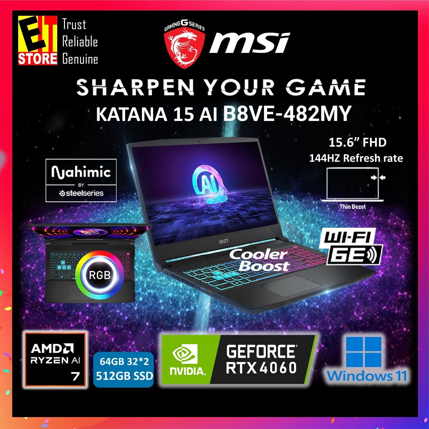 MSI Katana A15 AI Gaming Laptop B8VE-482MY (RYZEN 7-8845HS AI CPU/16GB DDR5/ 512GB SSD/ NVIDIA RTX4060 8GB /15.6" FHD 144HZ/RGB KEYBOARD/ W11/BAG)