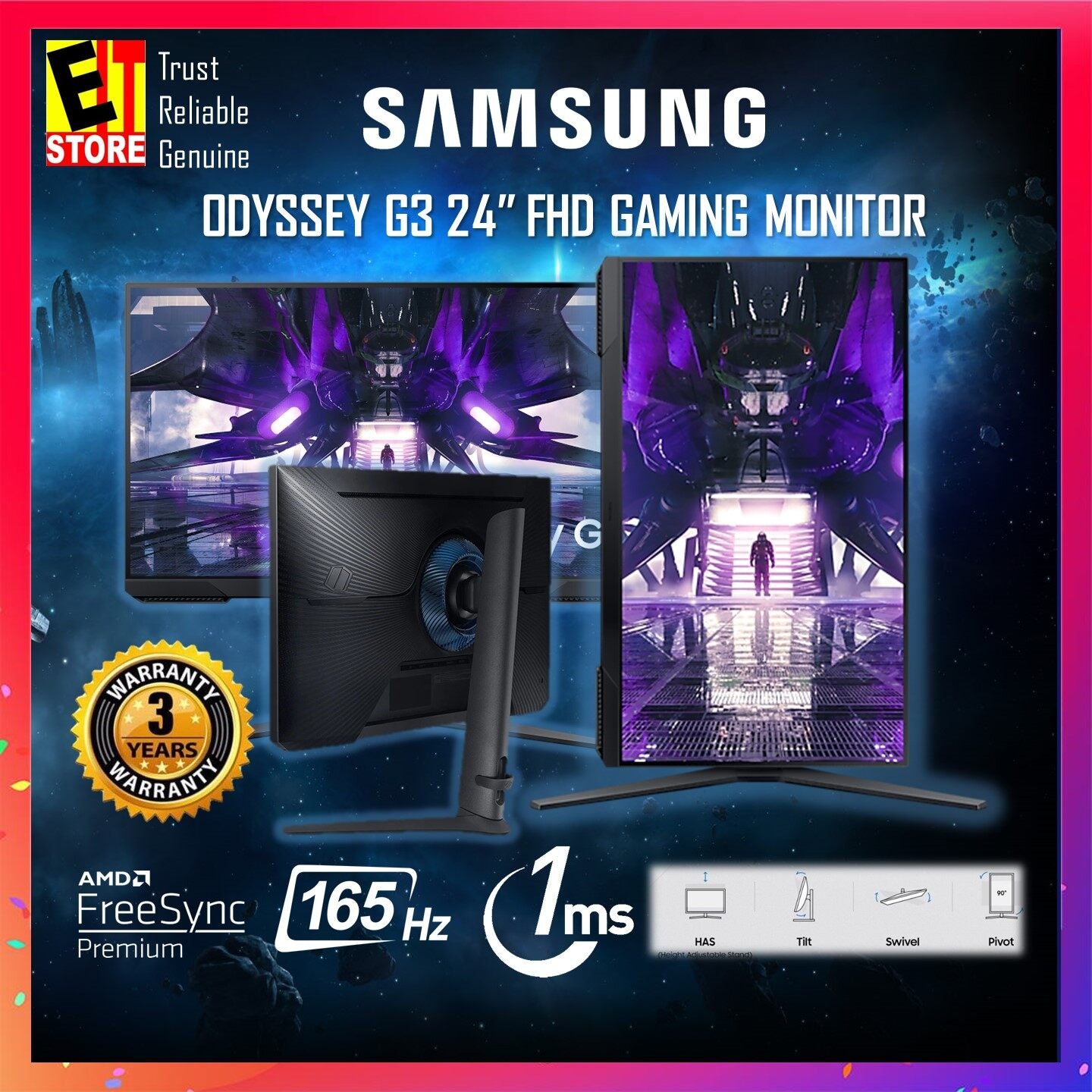 SAMSUNG ODYSSEY G3 G32A GAMING MONITOR - 24 /27 /32" FULL HD 165Hz , 1MS GTG , HEIGHT ADJUSTABLE, TILT, SWIVEL & PIVOT, AMD FREE SYNC -3YRS WARRANTY