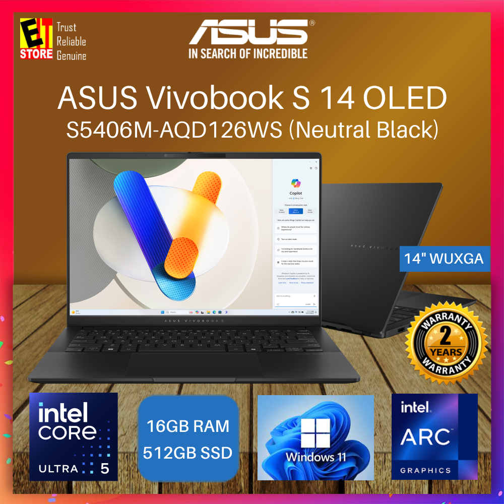 ASUS Vivobook S 14 OLED AI Laptop S5406M-AQD126WSM (Intel Core Ultra 5 125H/16GB/512GB SSD/14 OLED WUXGA/Intel Arc Graphics/ OFF H&S 2021 +M365/ 1.3KG LIGH WEIGHT/ RGB KEY/W11/2Y/BAG)