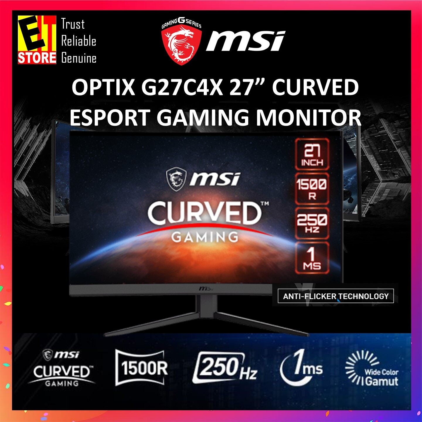 MSI MONITOR OPTIX G27C4X GAMING 27 / 32" CURVED 1ms 250HZ REFRESH RATE/FHD & HDR READY/HDMI X2 & DP | AMD FREE SYNC - ESPORT GAMING MONITOR 3YEARS WARRANTY