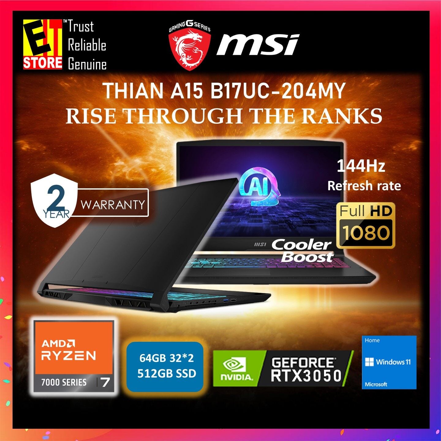 MSI GAMING LAPTOP THIN A15 B7UC-204MY (Ryzen 7 7735HS/8GB OR 16GB DDR5 /512GB SSD/ 15.6" FHD 144HZ /NVIDIA RTX 3050 4GB/W11/BAGPACK/ 2Y)