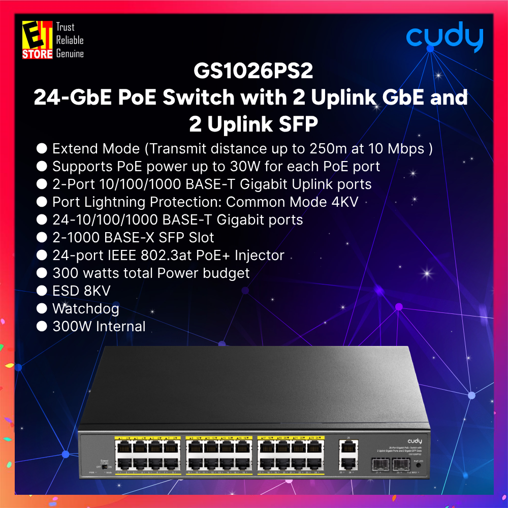 Cudy - GS1026PS2 - 24-GbE PoE Switch with 2 Uplink GbE and 2 Uplink SFP