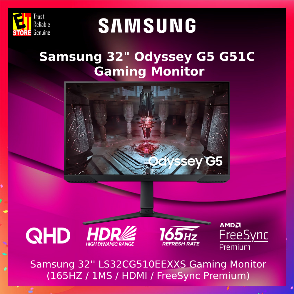 Samsung 27''/32'' LS27CG510EEXXS/LS32CG510EEXXS Odyssey G5 G51C Gaming Monitor - (QHD 2k / 165Hz/ 1ms/ AMD FREE SYNC /TILT,SWIVEL, PIVOT & HEIGHT ADJUSTABLE / DP & HDMI/ 3YRS WARRANTY)