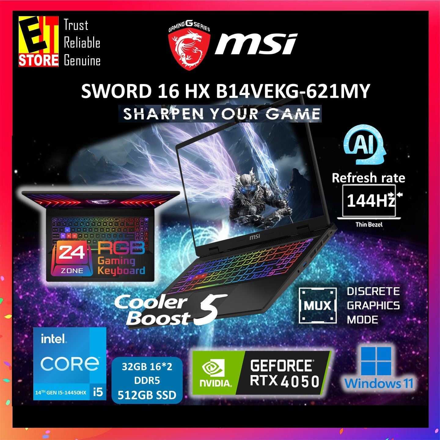 MSI Laptop Sword 16 HX AI Gaming (14TH GEN i5-14450HX/16GB OR 32GB DDR5/512GB SSD/16" IPS FHD+ 144Hz/NVIDIA RTX 4050 6GB/RGB 24 ZONE KEYBOARD/W11/BAG/2YRS) B14VEKG-621MY