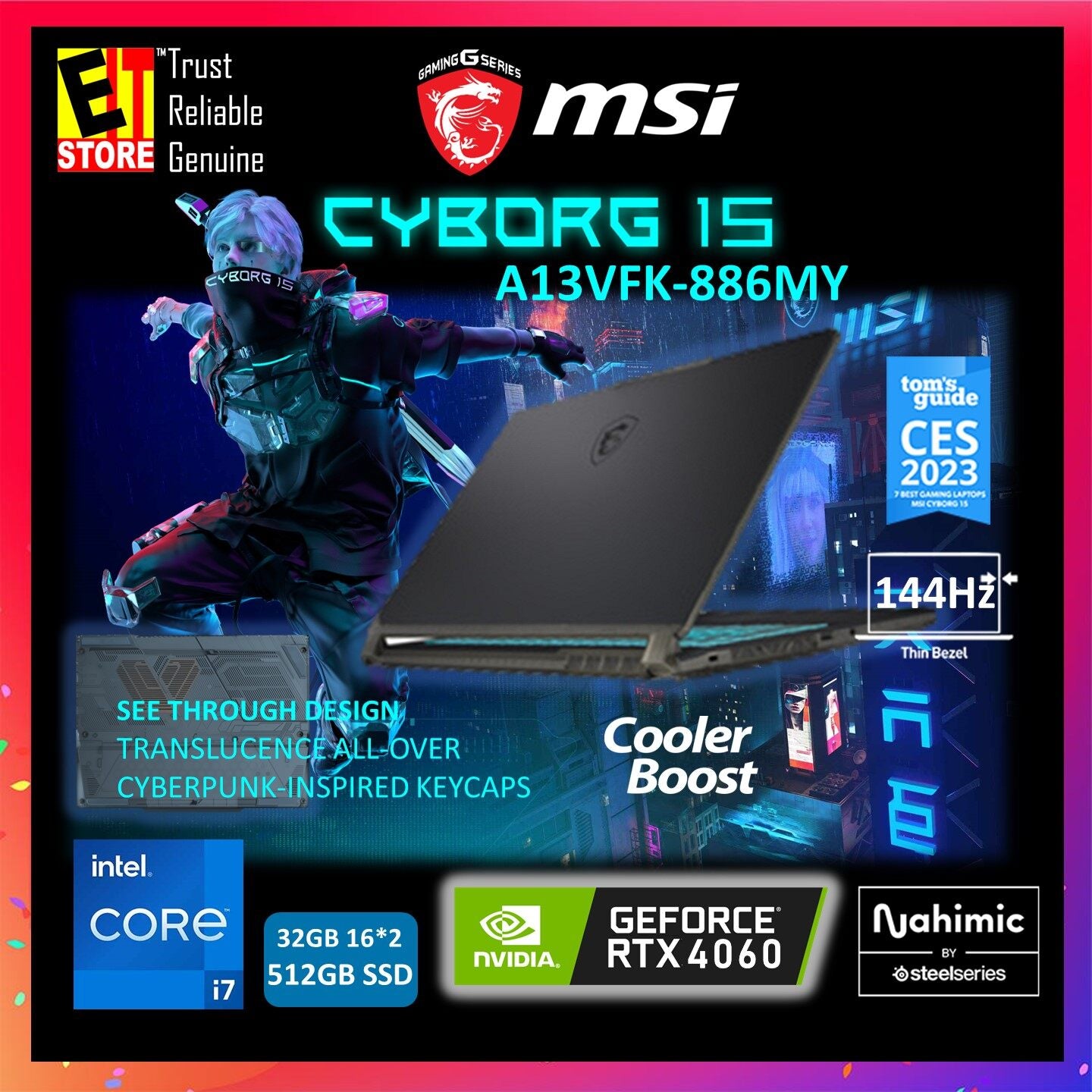 MSI LAPTOP CYBORG 15 A13VFK-886MY GAMING (i7-13620H/16GB OR 32GB DDR5/512GB/15.6 FHD 144HZ /RTX 4060 8GB/ RGB KEYBOARD /W11/Bag/2Yr)