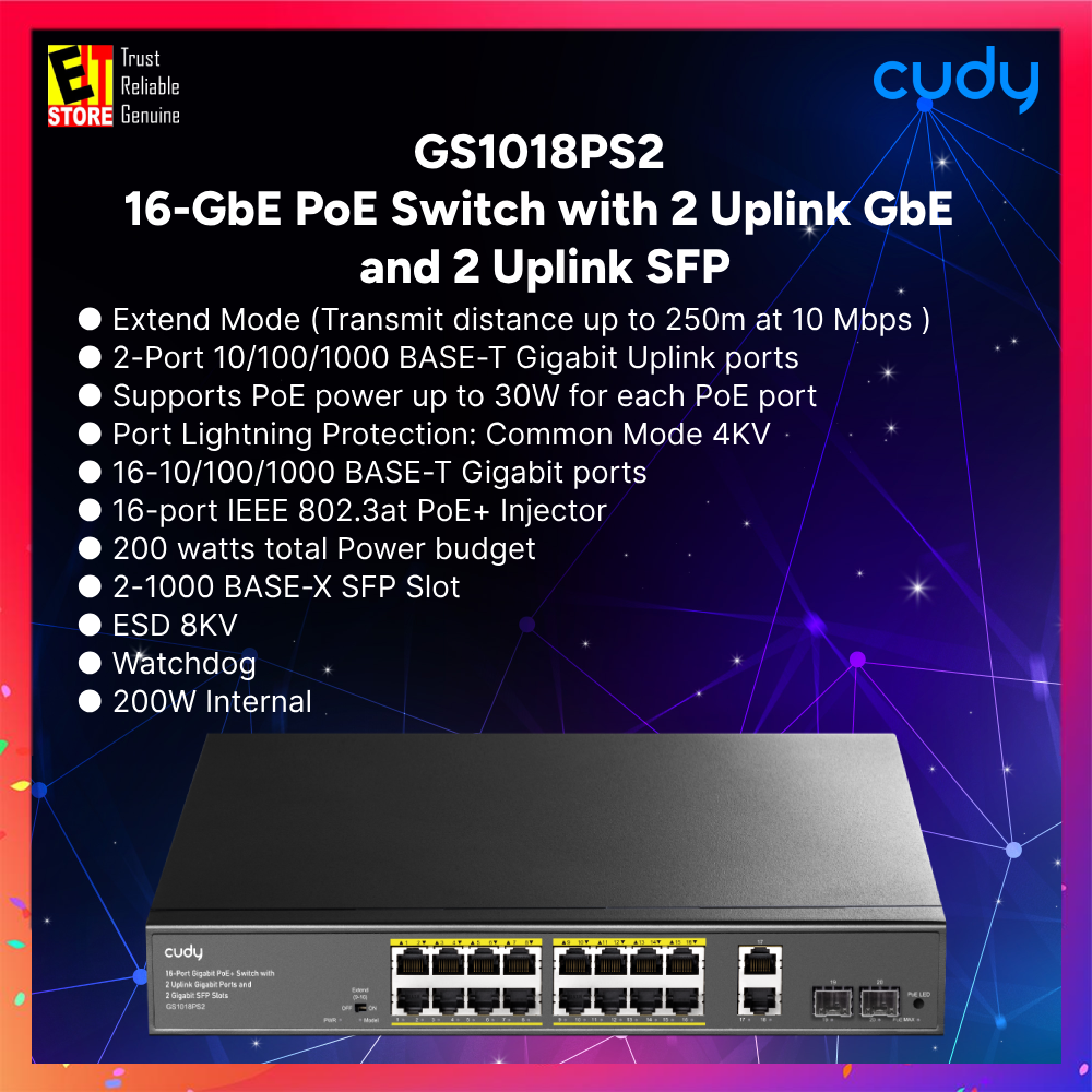 Cudy GS1018PS2 - 16-GbE PoE Switch with 2 Uplink GbE and 2 Uplink SFP
