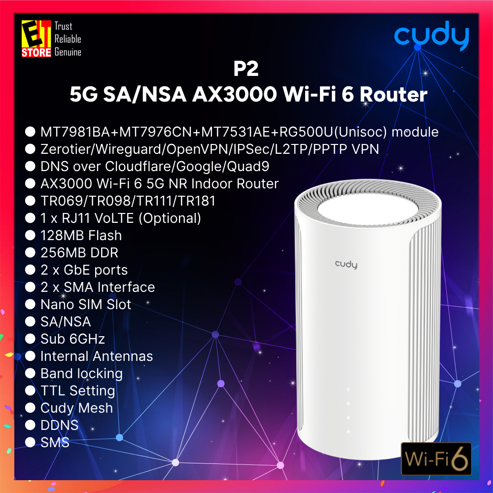 Cudy P2 - 5G SA/NSA AX3000 Wi-Fi 6 Router (Cudy Mesh, VPN Server and Client)