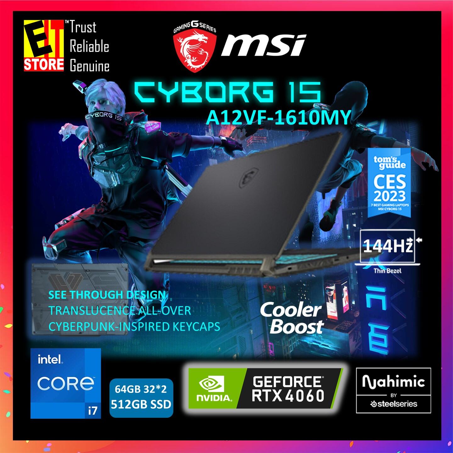 MSI CYBORG 15 A12VF-1610MY (i7-12650H/ 8GB OR 16GB RAM /512GB SSD/ NVIDIA GEFORCE RTX4060 8GB /15.6" FHD 144HZ /W11/2Y/BAG) Gaming Laptop