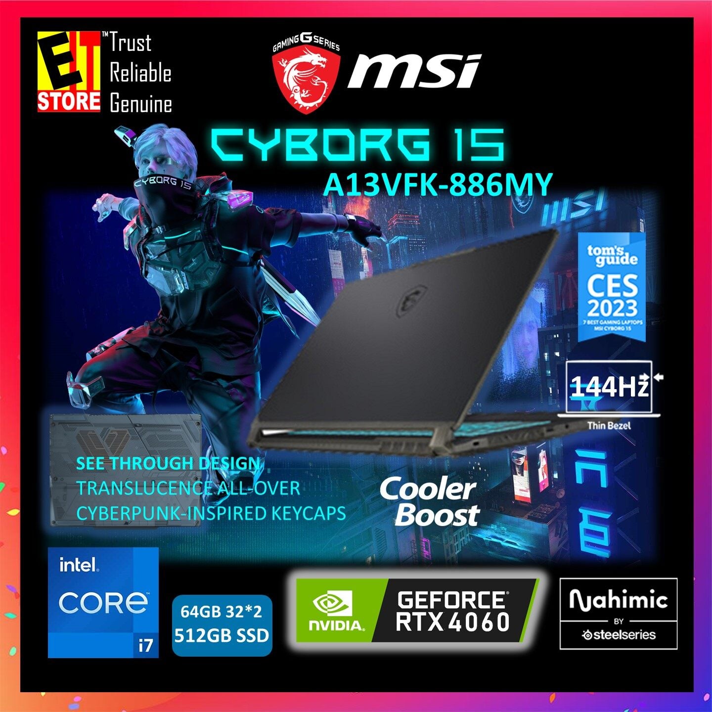 MSI LAPTOP CYBORG 15 A13VFK-886MY GAMING (i7-13620H/16GB OR 32GB DDR5/512GB/15.6 FHD 144HZ /RTX 4060 8GB/ RGB KEYBOARD /W11/Bag/2Yr)