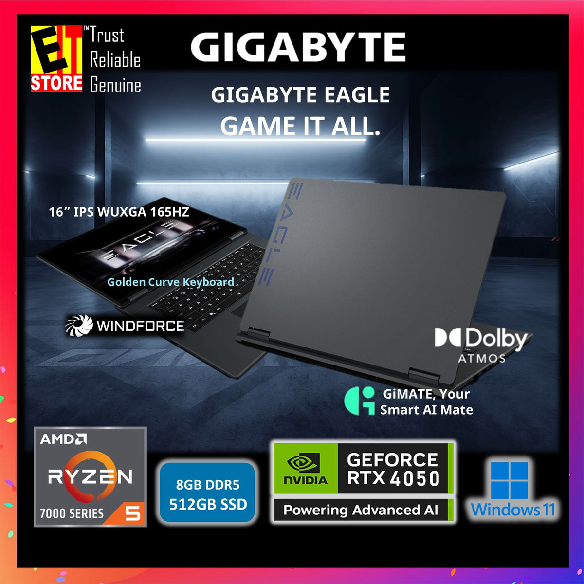 Gigabyte Gaming Eagle 9MJR2-MYF83SH (RYZEN 5 7533HS/16GB/512GB SSD/16" IPS WUXGA 165HZ/ NVIDIA RTX4050 6GB/ GiMate Smart AI/W11/BAG/2RSY) Gaming Laptop