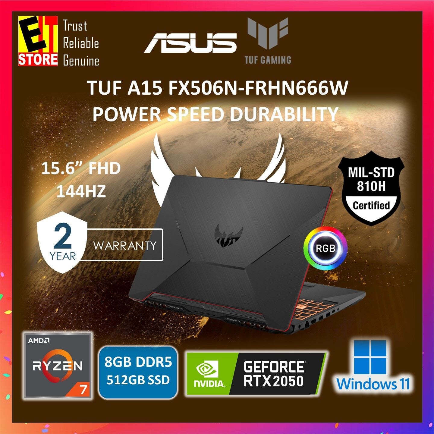 ASUS TUF Gaming Laptop A15 FA506N-FRHN666W (RYZEN 7-7435HS/8GB OR 16GB RAM/512GB SSD/NVIDIA RTX2050 4GB /15.6" FHD 144HZ/ RGB KEY /W11/BACKPACK/2Y)