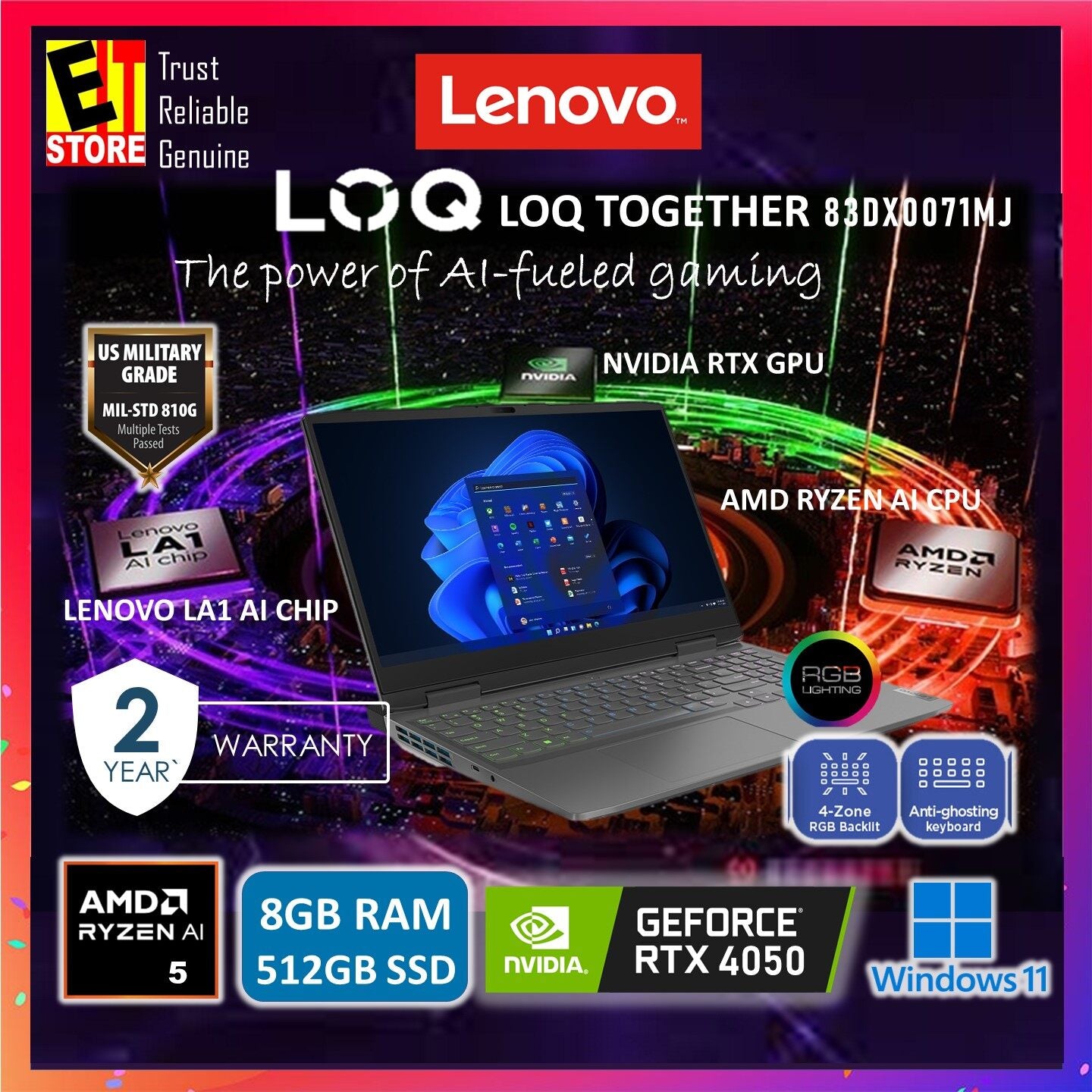 Lenovo LOQ AI GAMING LAPTOP 83DX0071MJ (RYZEN 5 8645HS AI/8GB OR 16GB/512GB /RTX 4050 6GB /15.6" FHD 144HZ/ LA1 AI CHIP/RGB KEYBOARD/ W11/BAG/2Y)