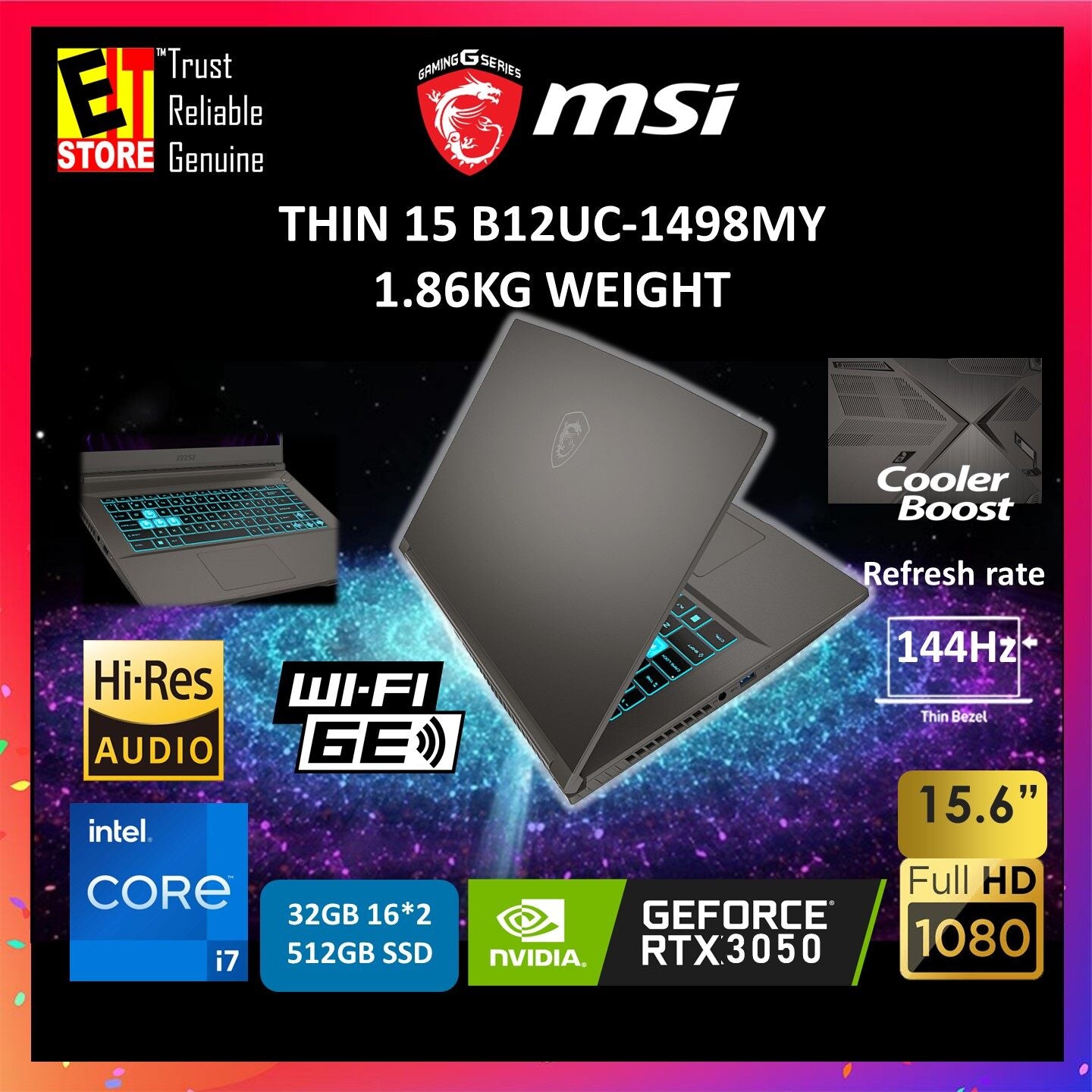 MSI GAMING LAPTOP THIN 15 B12UC-1498MY (INTEL I7-12650H /8GB OR 16GB  RAM/512GB SSD/15.6" FHD 144HZ/ NVIDIA RTX3050 4GB /W11/BAG/2YRS)