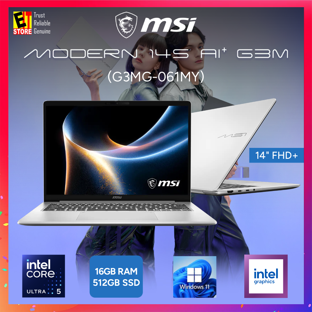 MSI Laptop Modern 14S AI+ G3MG-061MY; Copilot+ PC (Intel Core Ultra 5 322/16GB/512GB SSD/14" OLED FHD/Intel ARC Graphics/OFFICE HOME 2024 /W11/1.38KG LIGHT WEIGHT/ BAG/2Y)
