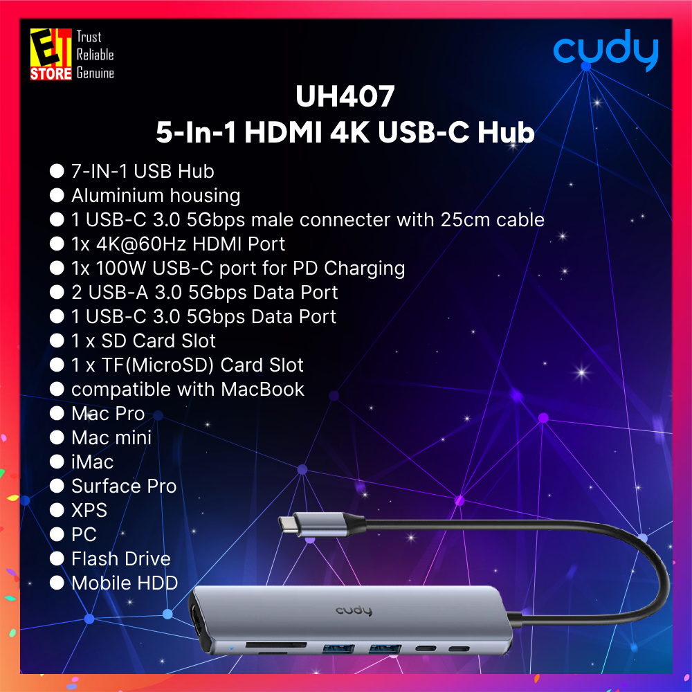 Cudy UH407 - 7-In-1 HDMI SD/TF 4K USB-C Hub ( Silver Gray Color/USB-C/USB4/Thunderbolt 3/4)