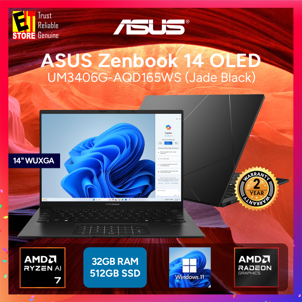 ASUS Zenbook 14 Laptop - UM3406G-AQD165WS (RYZEN AI 7-445/32GB/512GB SSD/14" WUXGA OLED/AMD Radeon Graphics/OFFICE HOME 2024/ W11/BAG /2YRS / SLIM & LIGHT 1.2KG Copilot+ PC)
