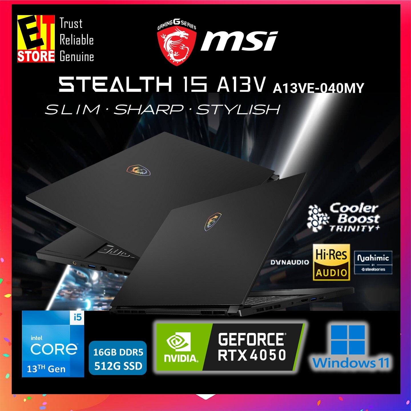 MSI Stealth 15 A13VE-040MY SLIM GAMING LAPTOP (13TH GEN i5-13420H /16GB DDR5 /512GB/15.6FHD/NVIDIA RTX 4050 6GB/W11/Backpack)