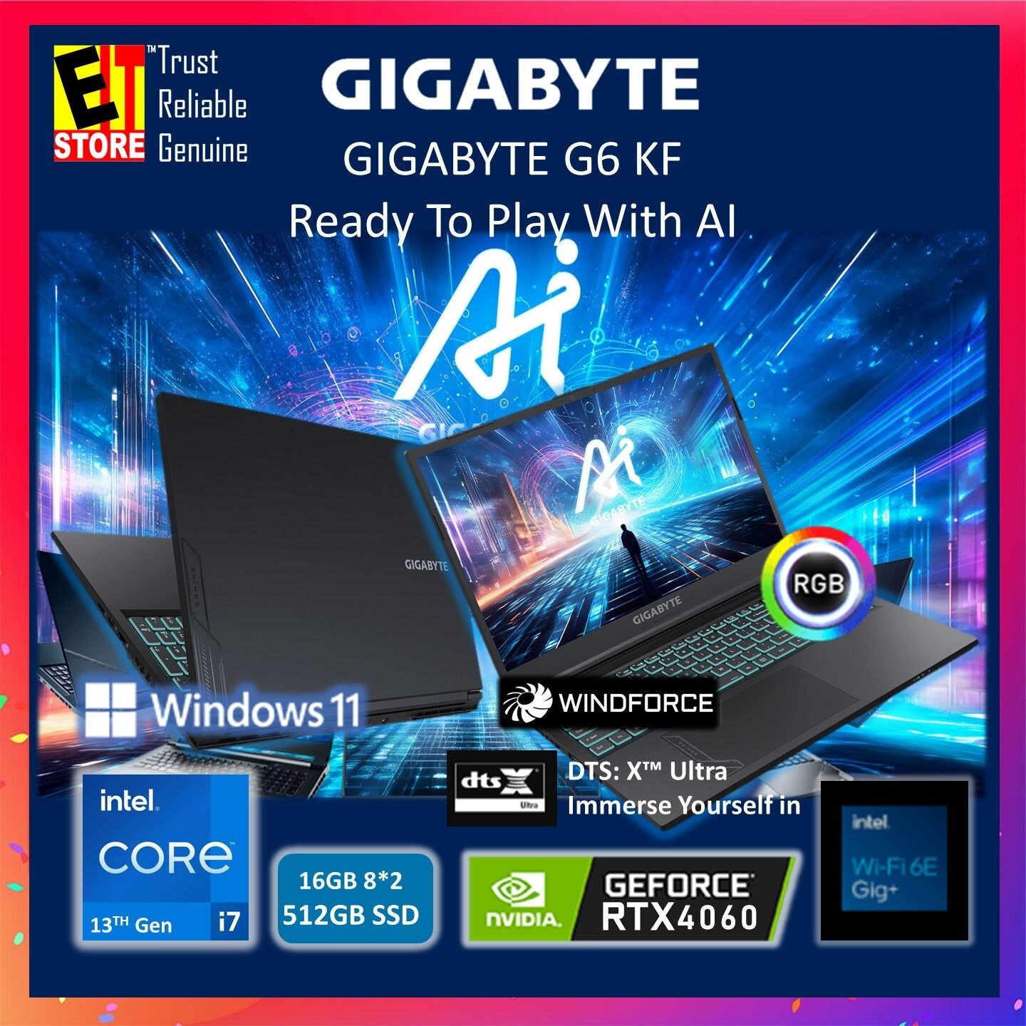 GIGABYTE G6 KF-H3MY853SH GAMING LAPTOP (INTEL I7-13620H / 16GB DDR5/ 512GB SSD/ 8GB NVIDIA RTX4060/ 16" WUXGA 165Hz/RGB KEYBOARD/W11/BACKPACK/2YRS WARRANTY)