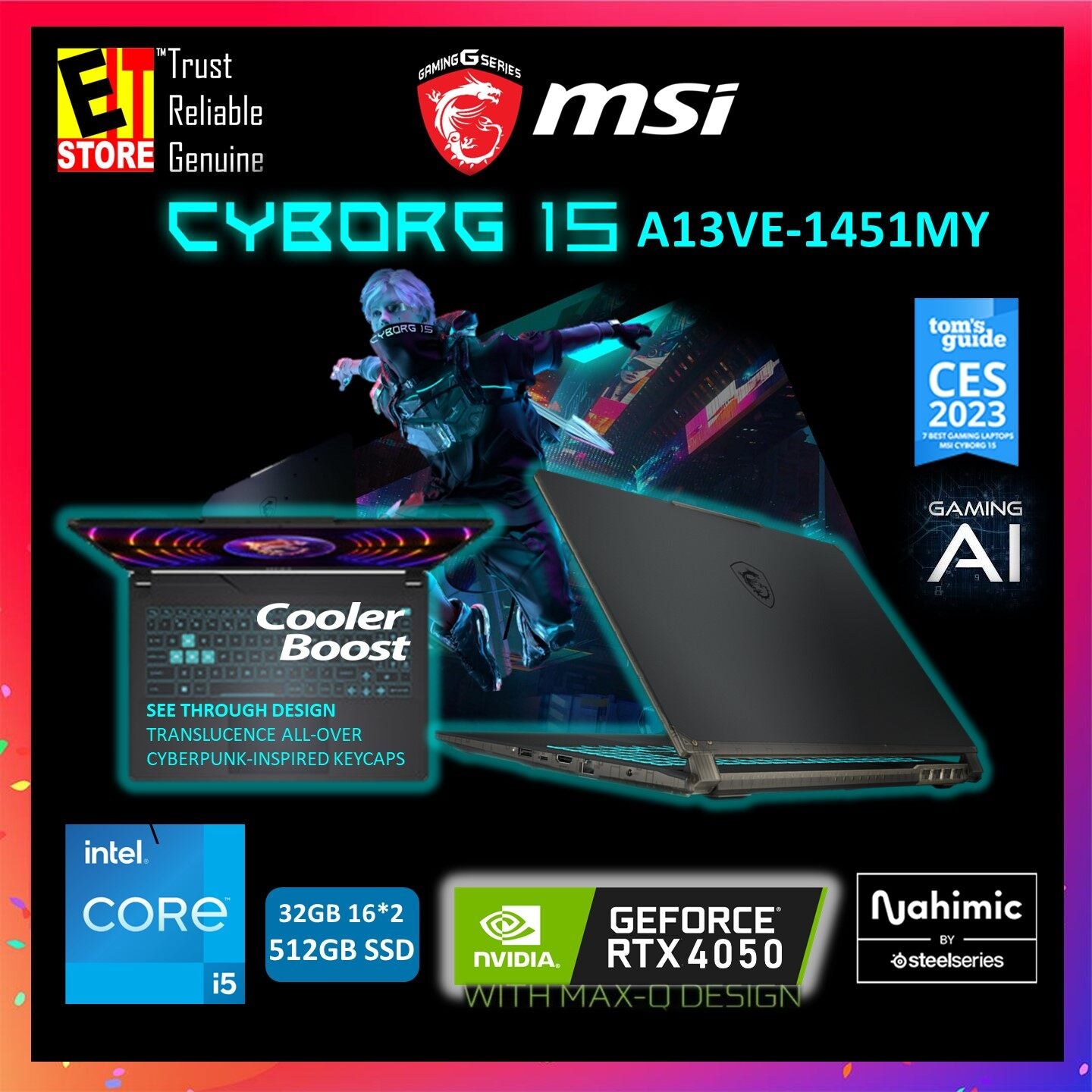 MSI Laptop Cyborg 15 AI GAMING A13VE-1451MY (I5-13420H /16GB OR 32GB DDR5 /512GB SSD/15.6" FHD144HZ /NVIDIA RTX4050 6GB/ W11/ BACKPACK/ 2YRS)