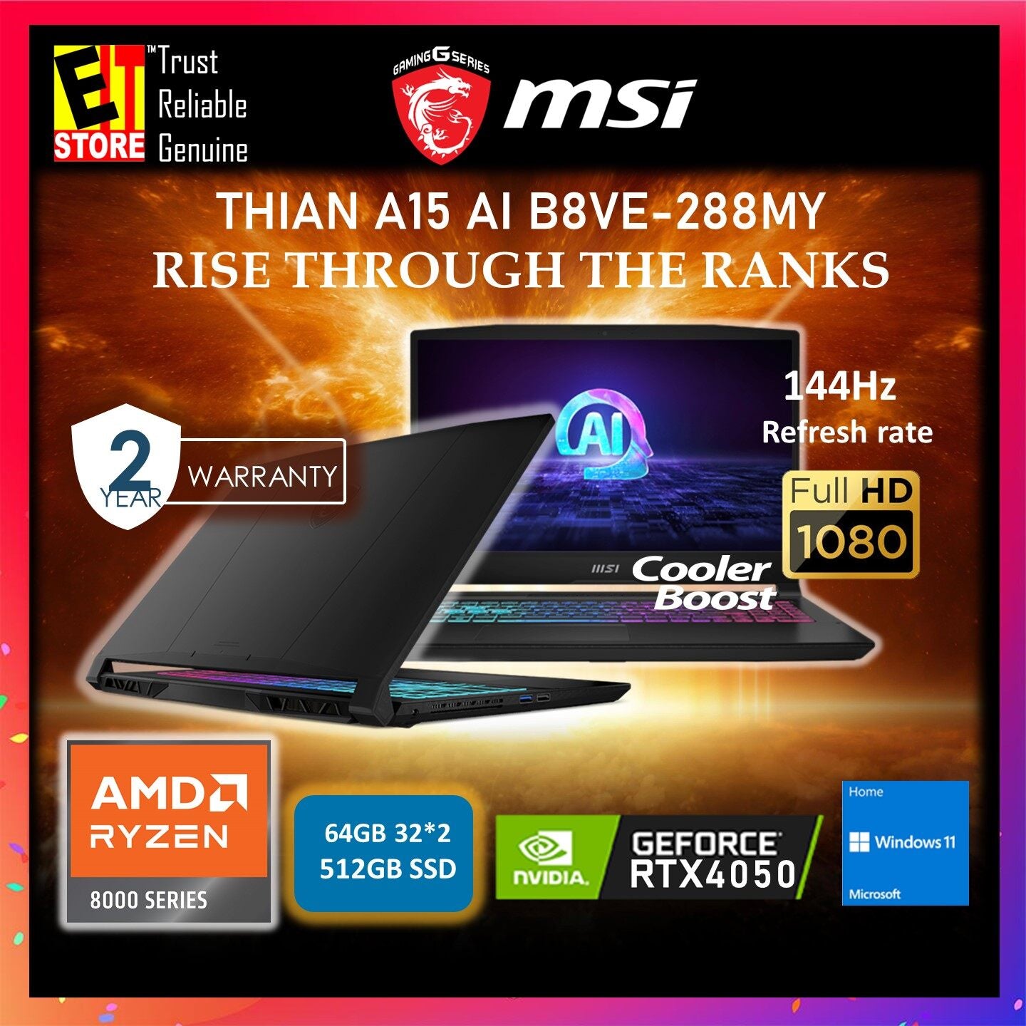 MSI Laptop Thin A15 AI Gaming B8VE-288MY (RYZEN 7 8845HS/ 8GB OR 16GB DDR5 /512GB SSD/ NVIDIA RTX 4050 6GB/ 15.6" FHD 144HZ /W11/2Y/BAG)