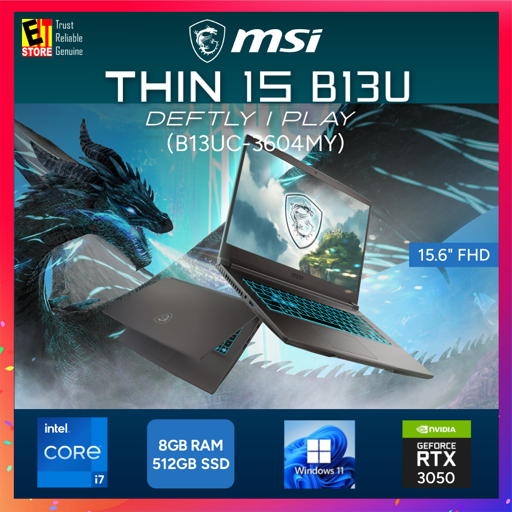 MSI Gaming Laptop THIN 15 AI B13UC-3604MY (I7-13620H/ 16GB RAM /512GB SSD/15.6 IPS FHD 144Hz/ 4GB NVIDIA RTX3050 /W11/ 1.86KG WEIGHT/2YRS / BACKPACK)