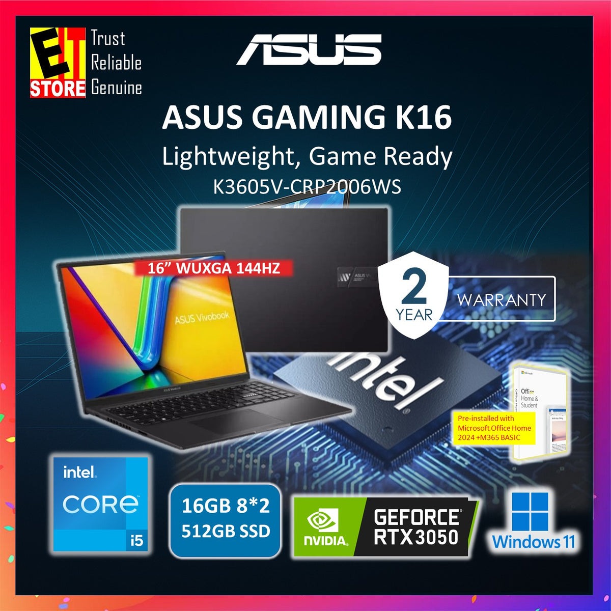 ASUS LAPTOP K16 GAMING K3605V-CRP2006WS (i5-13420H /8GB OR 16GB /512GB SSD/NVIDIA RTX3050 4GB Graphics/16 WUXGA 144HZ /OFFICE HOME 2024/W11 /1.8KG ULTRA LIGHT /BAG/ 2Y)
