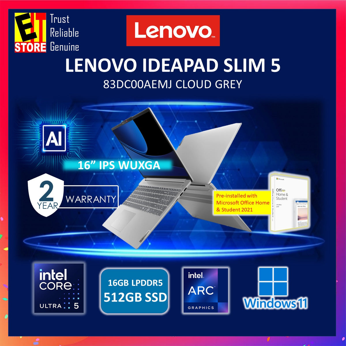 Lenovo Laptop IdeaPad Slim 5 IPS5 AI (Intel Core Ultra 5 125H/ 16GB/512GB SSD/Intel Arc Graphics/16" IPS WUXGA /OFF HOME 2024 +BASIC 365 /WEIGHT 1.82KG /W11/Backpack/2Yrs) 83DC00AEMJ