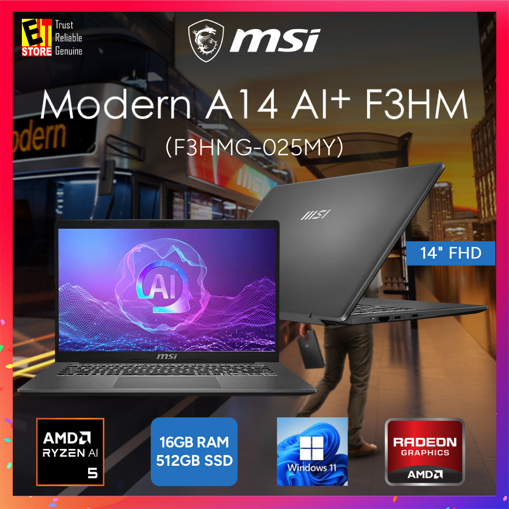 MSI Modern A14 AI+ F3HMG-025MY (Ryzen AI 5 330U/16GB/512GB SSD/AMD Radeon Graphics/14.0" FHD/W11/2Y) Laptop
