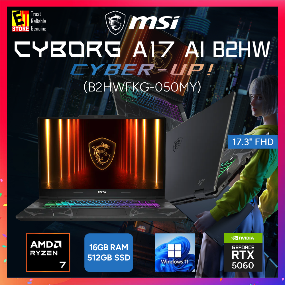 MSI Cyborg A17 AI B2HWFKG-050MY (RYZEN 7-260/16GB OR 32GB DDR5 /512GB SSD/17.3" FHD 144HZ/RTX5060 8GB/4-ZONE RGB KEY/W11/BACKPACK/ 2Y) Gaming Laptop