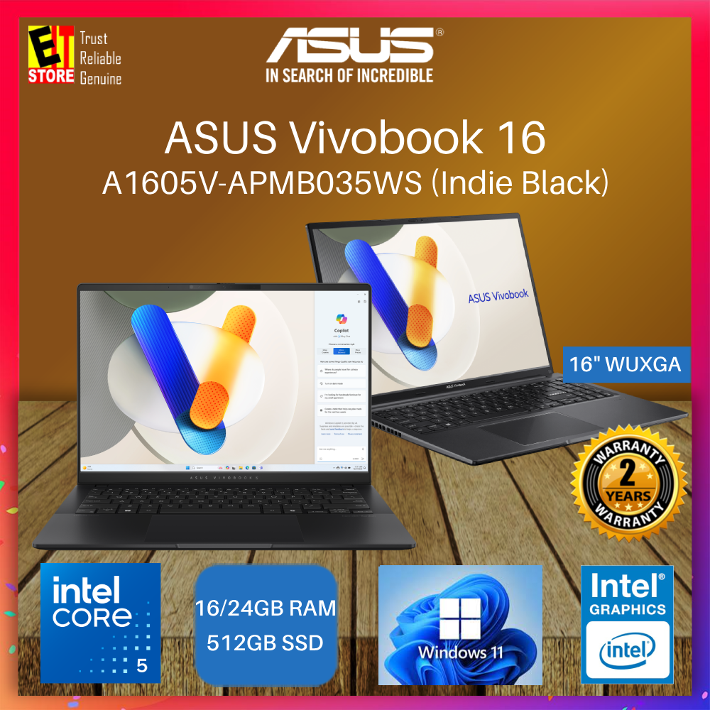 ASUS Vivobook 16 Laptop  (Intel Core 5 120U  /16GB/ 512GB /16'' IPS WUXGA/ Intel® Graphics / OFFICE H&S/ W11/BACKPACK/2Yrs) A1605V-APMB035WS /A1605V-APMB036WS