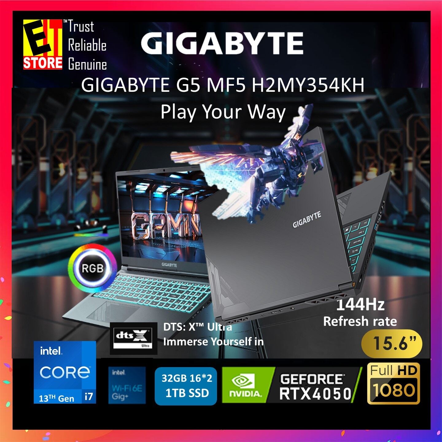 GIGABYTE G5 MF5-H2MY354KH (i7-13620H/16GB 4800MHZ/1TB SSD/ NVIDIA RTX4050 6GB/15.6" FHD IPS 144Hz/RGB KEYBOARD/BACKPACK/W11/2Y) Gaming Laptop