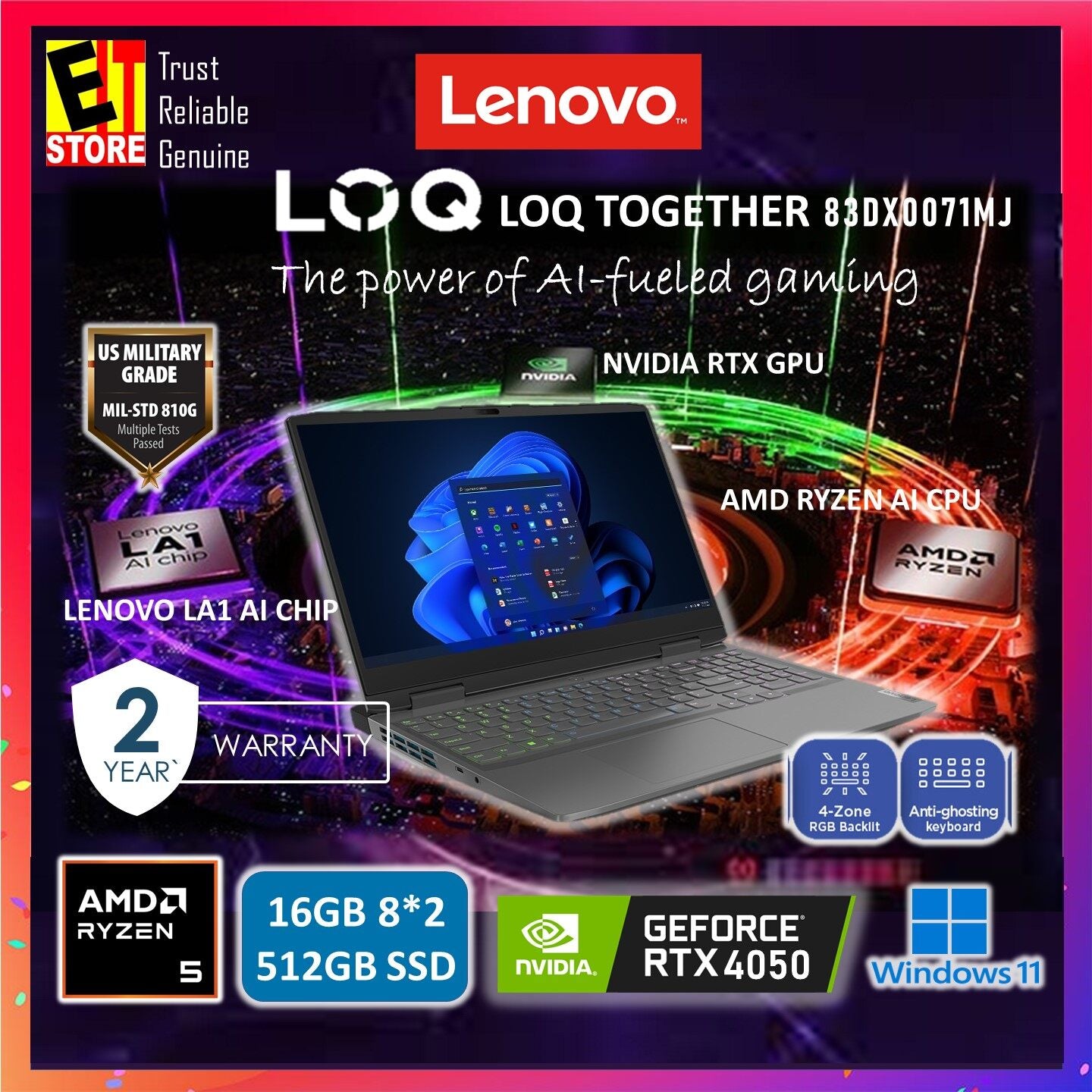 Lenovo LOQ AI GAMING LAPTOP 83DX0071MJ (RYZEN 5 8645HS AI/8GB OR 16GB/512GB /RTX 4050 6GB /15.6" FHD 144HZ/ LA1 AI CHIP/RGB KEYBOARD/ W11/BAG/2Y)