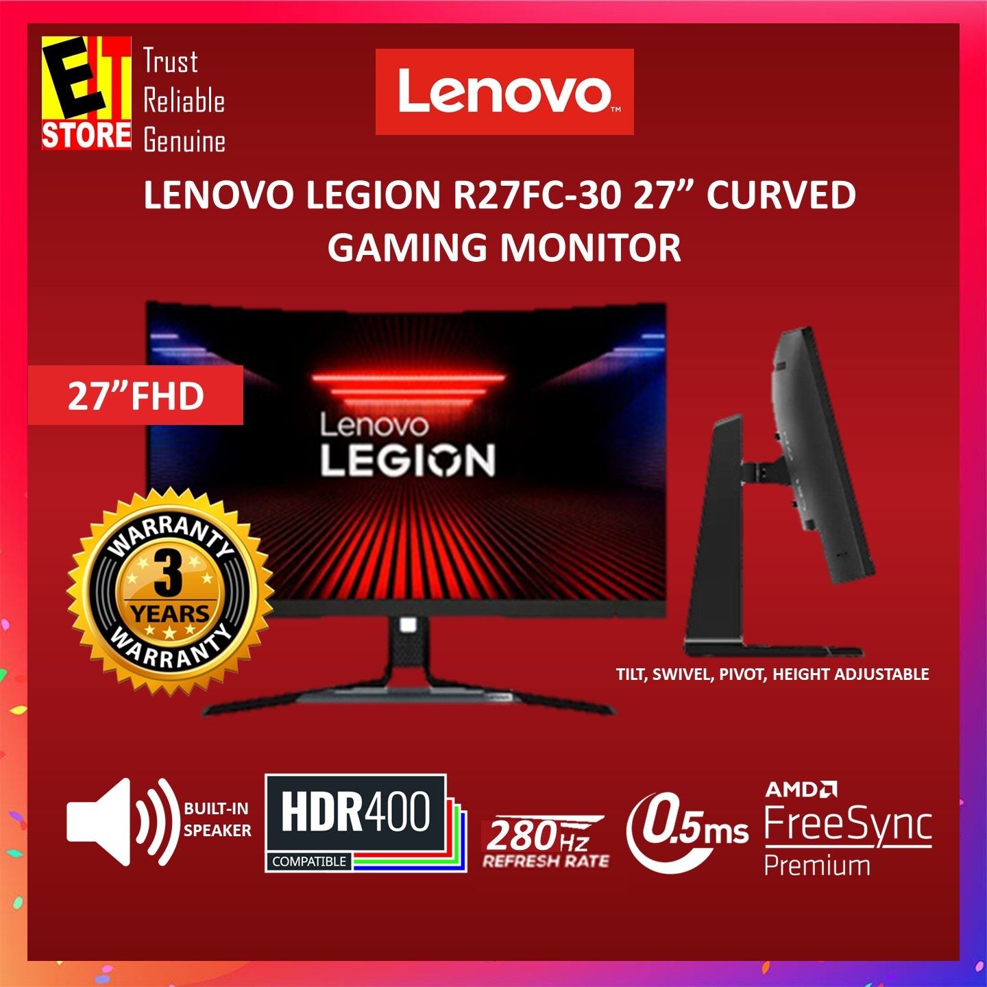 LENOVO MONITOR LEGION R27FC-30 27" CURVED 0.5MS RESPOND TIME /280HZ REFRESH RATE/ FHD HDR400 READY /TILT, PIVOT, HEIGHT ADJUSTABLE /AMD FREESYNC/ BUILT-IN SPEAKER/GAMING MONITOR -3 Years Warranty