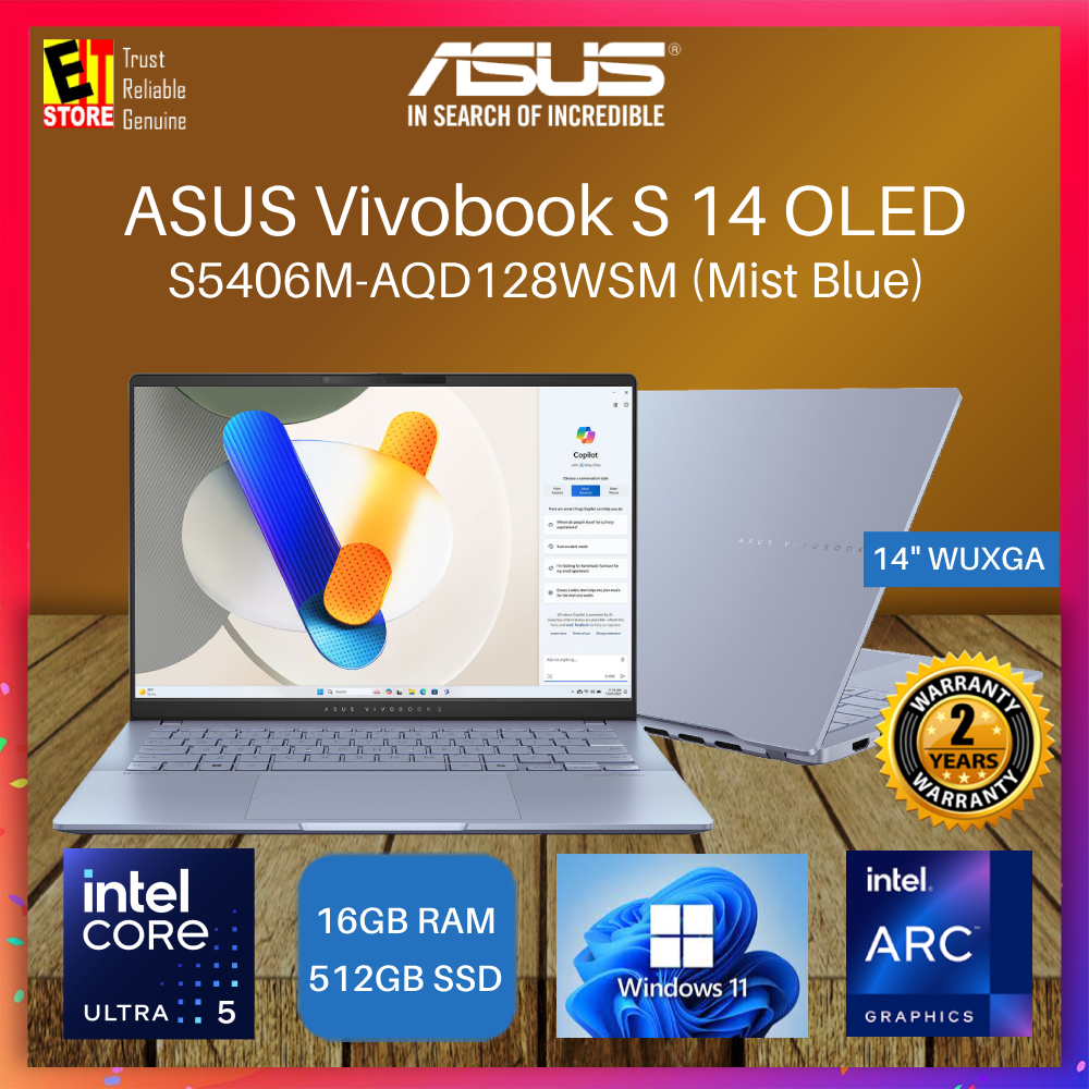 ASUS Vivobook S 14 OLED AI Laptop S5406M-AQD126WSM (Intel Core Ultra 5 125H/16GB/512GB SSD/14 OLED WUXGA/Intel Arc Graphics/ OFF H&S 2021 +M365/ 1.3KG LIGH WEIGHT/ RGB KEY/W11/2Y/BAG)