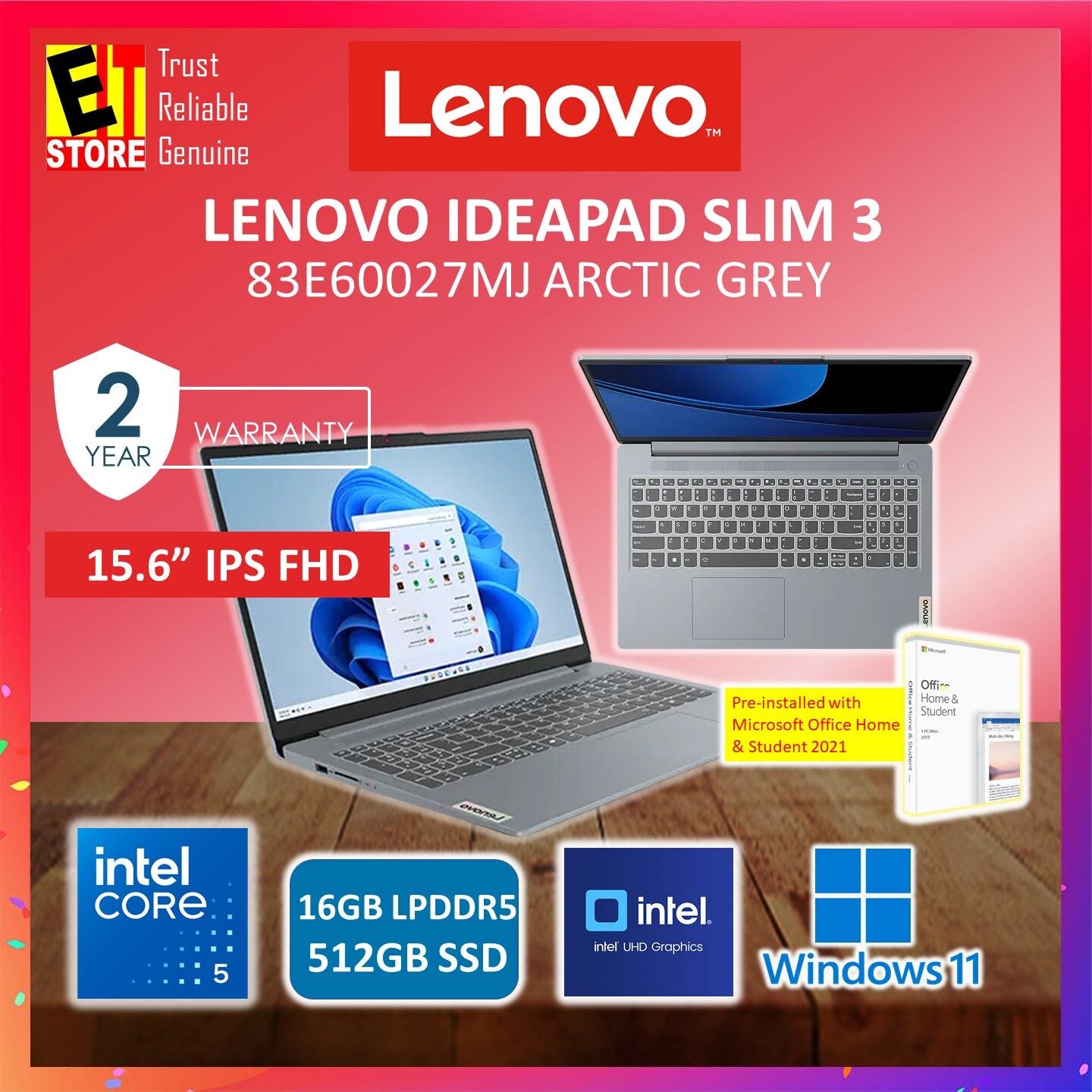 Lenovo Laptop IdeaPad Slim 3 IPS3 83E60026MJ/83E60027MJ (NEW Intel Core 5 120U/16GB/512GB SSD/15.6 IPS FHD/INTEL UHD GRAPHICS/OFF H&S 2021/FINGER PRINT READER/W11/BACKPACK/2Y)