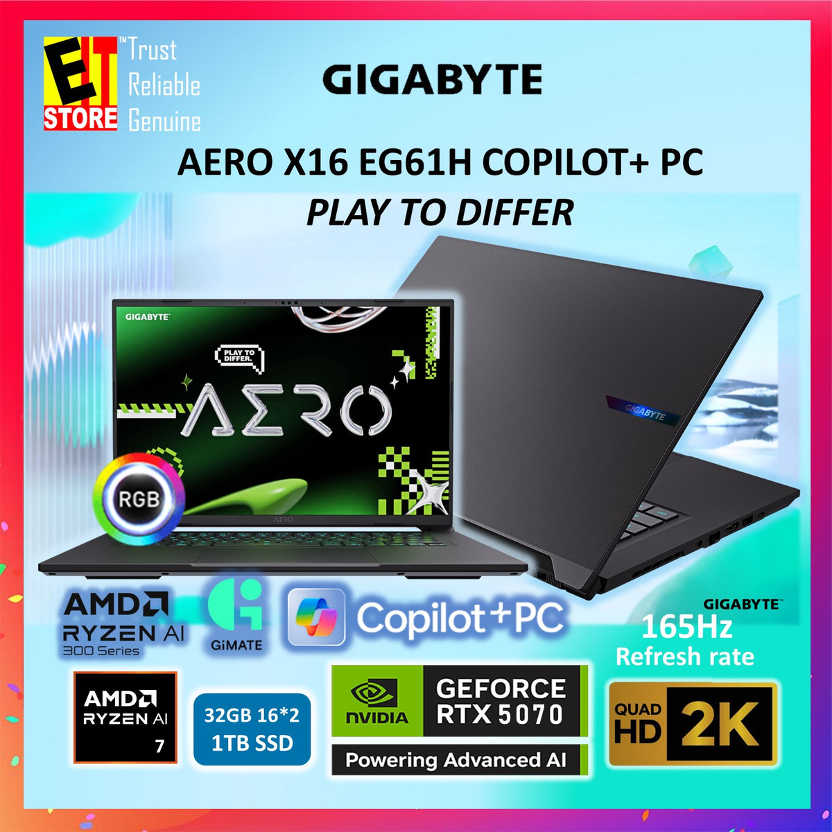 Gigabyte Laptop AERO X16 EG61H; Copilot+ PC AI Creator 1WH93-MYC94AH (Ryzen Al 7 350/16GB OR 32GB DDR5/1TB SSD/RTX5070 8GB GDDR7/16" WQXGA IPS 165HZ/RGB KEY/W11/BAG/2Y)