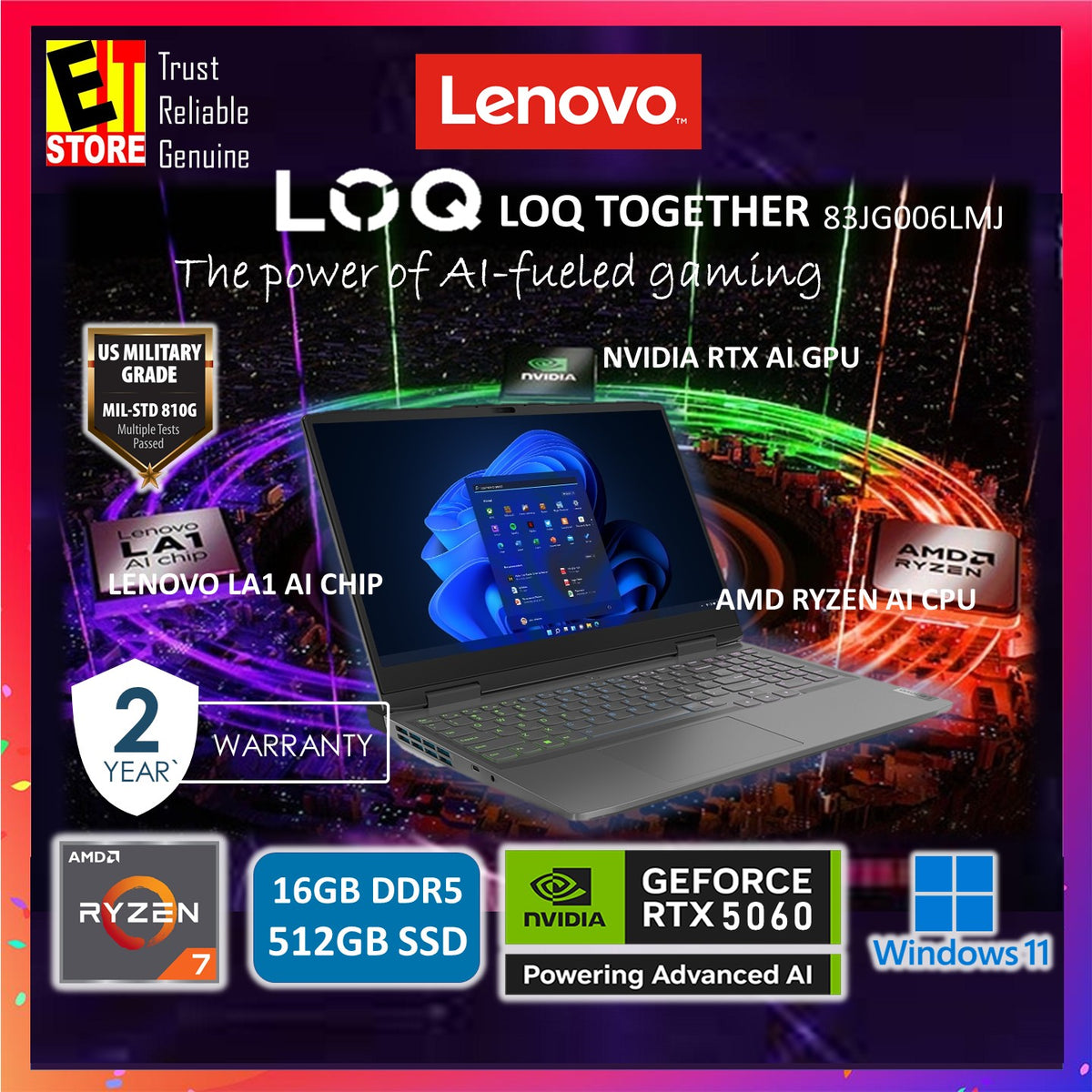Lenovo LOQ AI 83JG006LMJ (RYZEN 7 250/16GB/512GB SSD/NVIDIA RTX5060 8GB GDDR7/15.6" FHD IPS 144HZ/ 24 ZON RGB KEY/ W11/BAG/2Y) Gaming Laptop